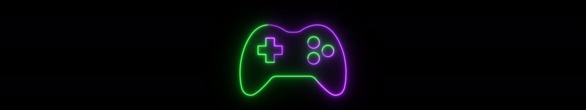 Ultrawide Neon Game Controller Animation on Black Background, Futuristic Glowing Gaming Gamepad Icon, Cyber Esports Overlay, Seamless Loop 4K Widescreen Motion Graphics.