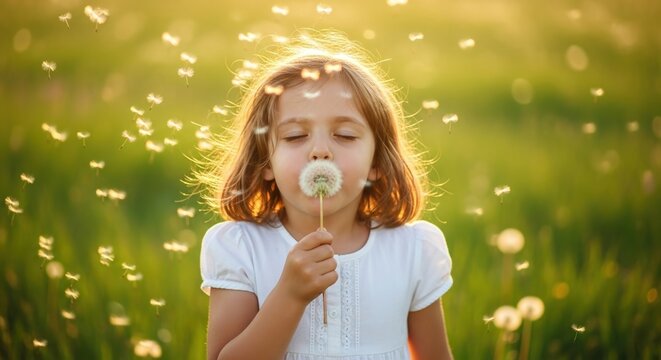 Little girl blowing dandelion seeds in summer field. Child enjoying nature and outdoor playtime with wildflowers.