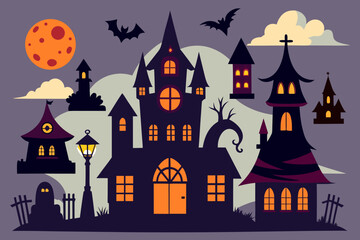 Fototapeta premium Spooky halloween haunted house illustration with bats and full moon