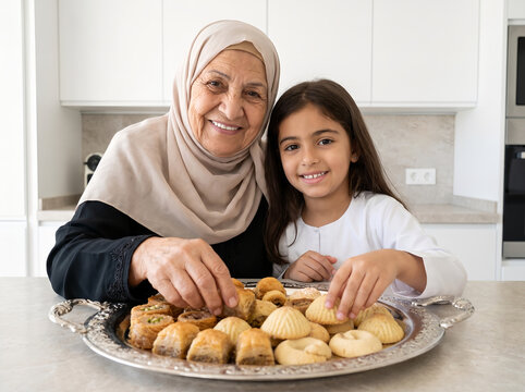 Smiling Muslim grandmother and granddaughter sharing traditional Middle Eastern sweets in a kitchen.