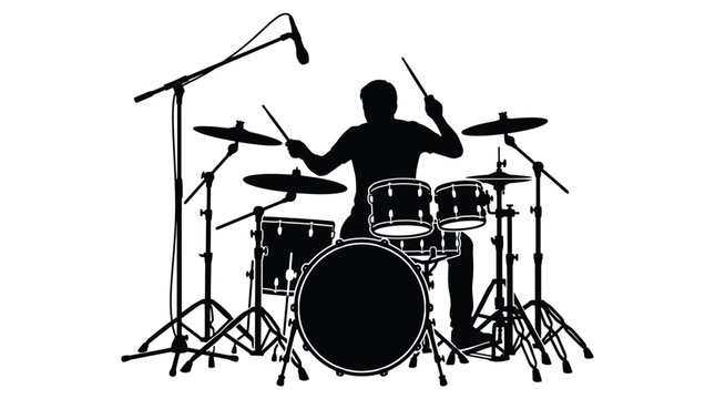 Black vector illustration of a musician playing a drum set with microphone stand on stage