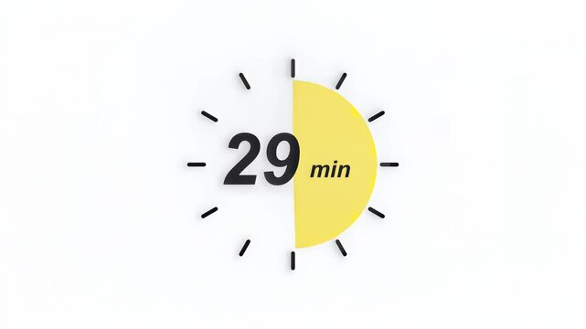 Animated countdown timer with vibrant yellow segments, black minute markers, and bold black numbers, symbolizing time management, urgency, and progress tracking