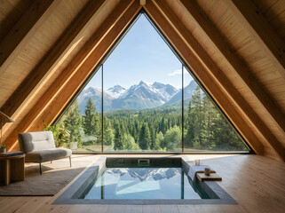 Fototapeta premium Charming mountain lodge interior featuring a relaxing spa with breathtaking landscape view