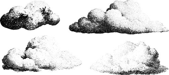 Obraz premium Stippled dotwork cloud collection in black and white for atmospheric background and vintage engraving style poster or print design