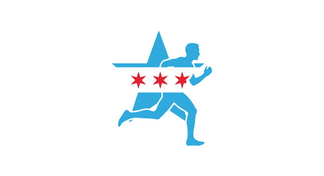 A graphic design featuring a silhouette of a runner combined with the Chicago flag star icon.