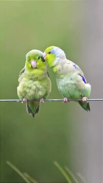 Pair of Pacific Parrotlets Showing Affection on a Wire