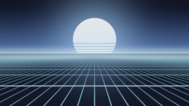Retro 80s Synthwave Neon Grid and Sunset Horizon Seamless Loop in subtle blue tones
