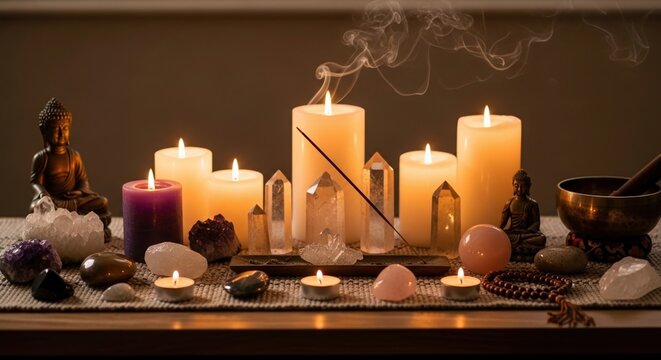 Cozy candlelit meditation setup with crystals and incense. Spiritual wellness scene featuring relaxation tools and soft ambient lighting.