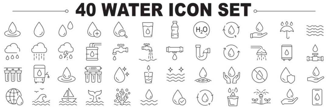 Water line icons set .Collection of shower, faucet, Hygiene, nutrition, H2o, water treatment, water drop and more.Editable stroke. Vector illustration