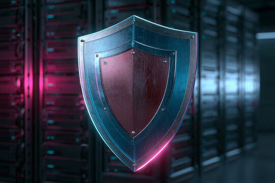 A metallic weathered shield floats prominently in the center of a dimly lit server room illuminated by vibrant pink and blue ambient lighting