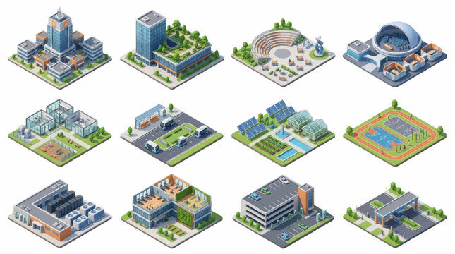 Isometric illustrations of modern buildings and urban architecture.