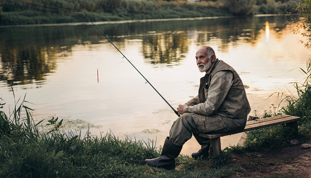 An elderly man fishing alone by a calm river at sunset.
