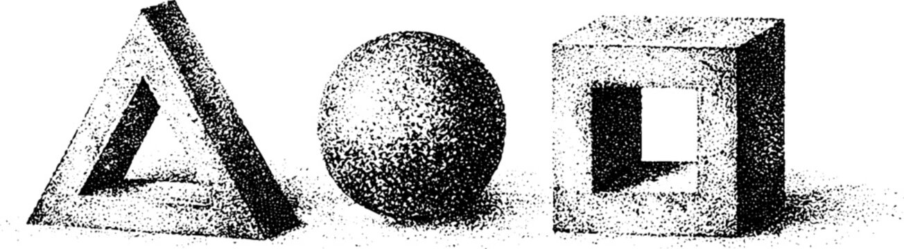 Impossible geometry stipple illustration set with triangle sphere and hollow cube for surreal poster backgrounds and design