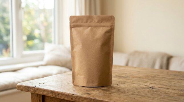 Blank kraft pouch packaging on wooden table indoors