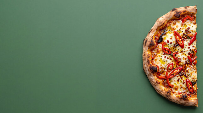 a spicy pepper pizza positioned in the right third of the frame on a solid green background