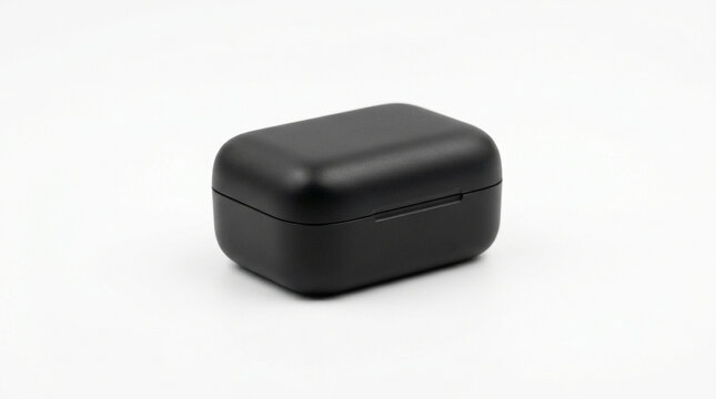 A compact matte black charging case for wireless earbuds with a blank surface on a white backdrop