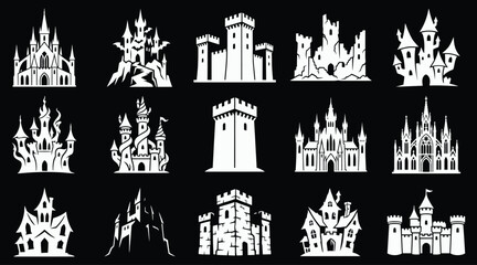 Fototapeta premium A comprehensive halloween vector bundle featuring various white silhouette designs of haunted castles and spooky fortresses for festive holiday graphic projects