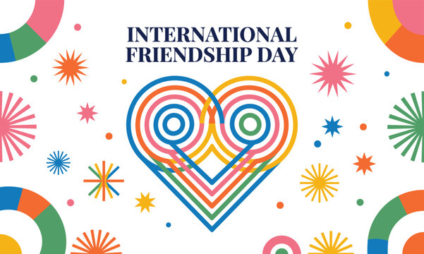 International friendship day card featuring a vibrant linear heart shape graphic design with colorful stars and geometric circular pattern elements