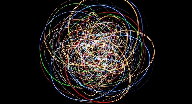 Neural network data flow visualization in 3D space. Abstract AI-generated particle motion simulation with vibrant color gradients. Dynamic looping...