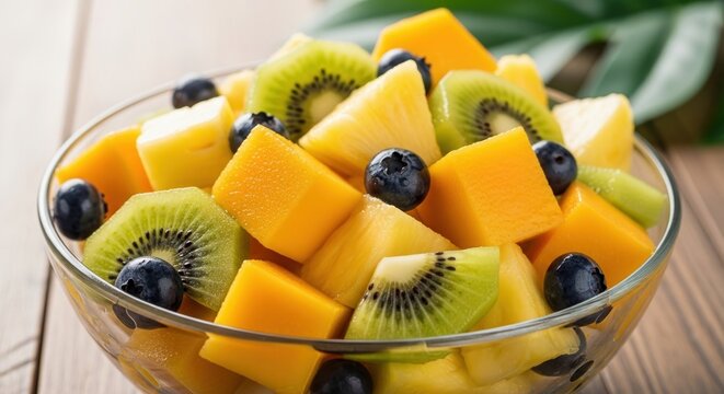 Fresh fruit salad bowl with kiwi and blueberries. Healthy mixed berries and tropical citrus medley in glass dish.