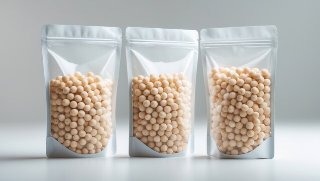 Paper pouch bag with chickpeas isolated on white. Packaging for product