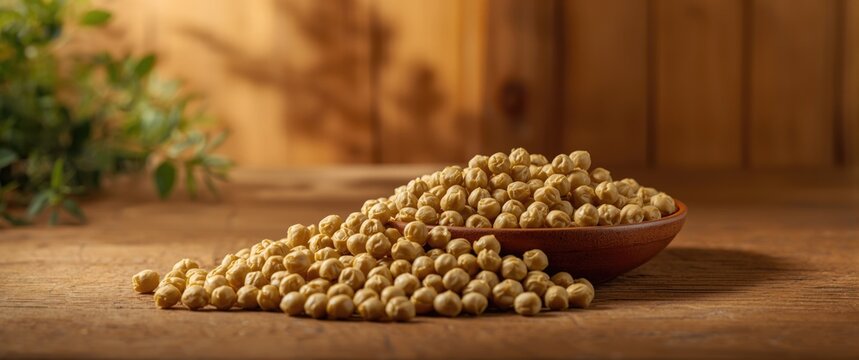 Bowl of Dried Chickpeas Spilling onto Rustic Wooden Table with Natural Light