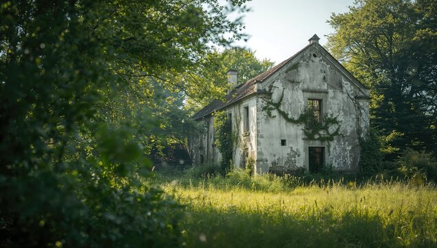 Abandoned House Covered in Vines Surrounded by Lush Green Grass and Trees