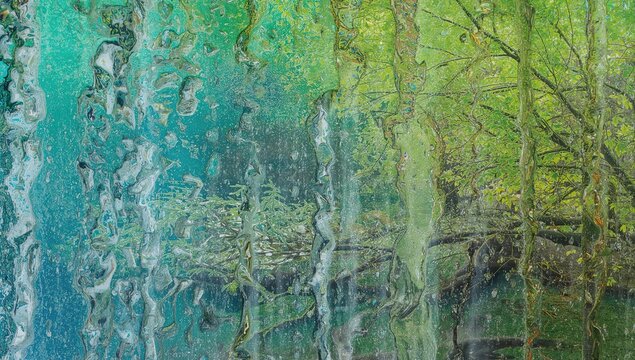 Distorted Reflection of Lush Greenery - Rainy Window, Calm Mood, Close-Up