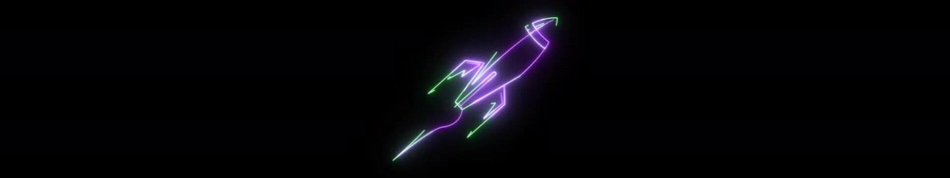 Ultrawide Neon Rocket Launch Animation on Black Background &ndash; Futuristic Startup Growth, Space Technology, Business Success Icon, Seamless Loop 4K Widescreen