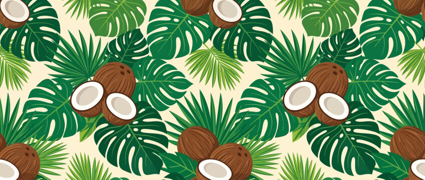 Seamless vector pattern featuring tropical coconut fruit and exotic palm leaves