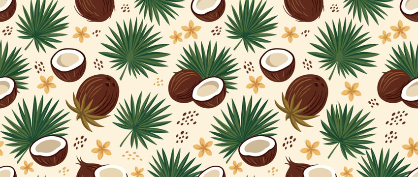 Seamless vector pattern of tropical coconuts and green palm leaves on white background