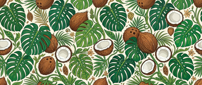 Seamless tropical pattern featuring coconut fruits and exotic leaves in flat vector style