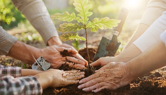 Group of people planting young tree sapling together outdoors in sunlight