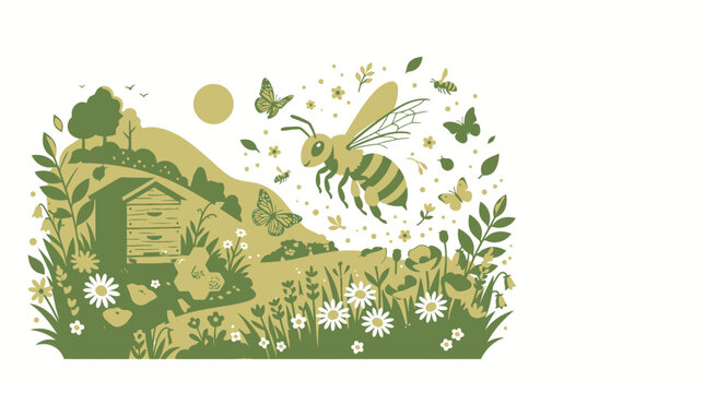 Bee flying over a blooming flower meadow with a beehive in the background vector illustration