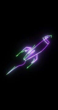Vertical Neon Rocket Launch Animation on Black Background &ndash; Futuristic Startup Success, Business Growth, Space Technology Icon, Seamless Loop 4K.