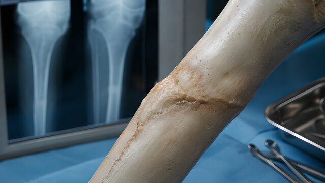 Bone fracture healing with mature hard callus in a photorealistic orthopedic clinical procedure scene for medical education, radiology review, healthcare training, and patient communication