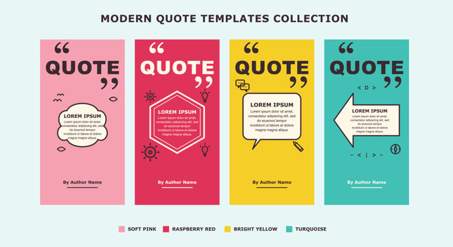 Modern quote templates collection set featuring four stylized text layouts with cloud hexagon bubble and arrow graphics on colorful solid backgrounds