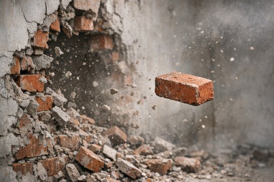 A single brick falls from a crumbling wall, landing amidst a pile of rubble