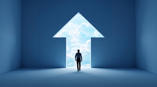 A silhouette of a man walks towards an arrow-shaped doorway revealing a bright sky filled with clouds, symbolizing a path to success.