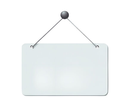 Blank white rectangular hanging sign suspended by wires attached to a dark tack transparent background