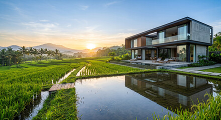 Fototapeta premium Modern luxury house surrounded by lush green rice fields at sunset with mountain landscape