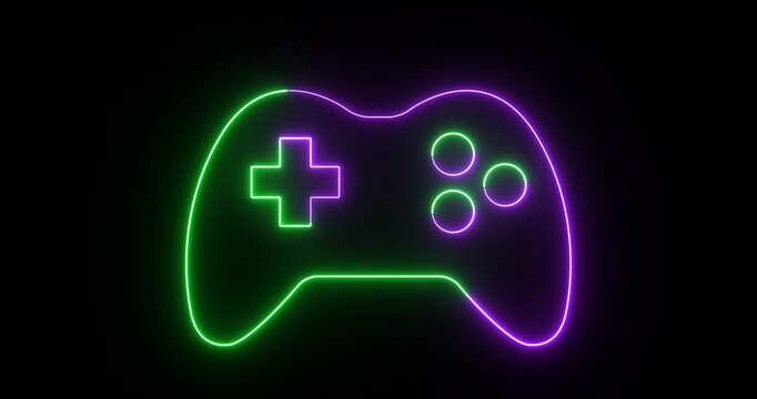 Neon Game Controller Icon Animation on Black Background, Glowing Gaming Gamepad Symbol, Futuristic Esports Controller, Seamless Loop 4K Motion Graphics.