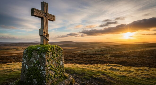 Serene sunset over cross in open field