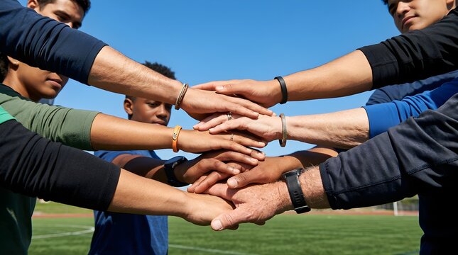 Diverse group of young people stacking hands outdoors for unity and team
