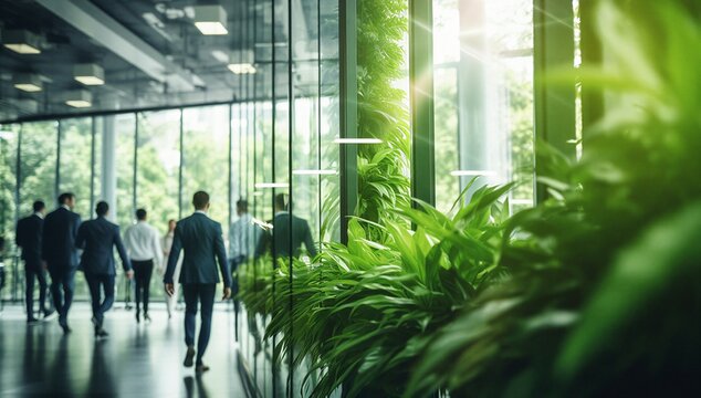 Modern glass office with business professional walking beside lush indoor plant and sunlight, expressing green workplace, wellness, and nature friendly productivity.