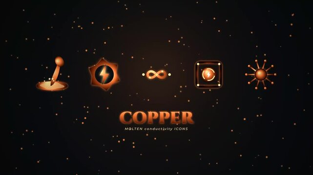 3D Molten Copper Conductivity Icons Set with Liquid Pour Lightning Bolt Infinity Wire and Circuit Motion Graphic

