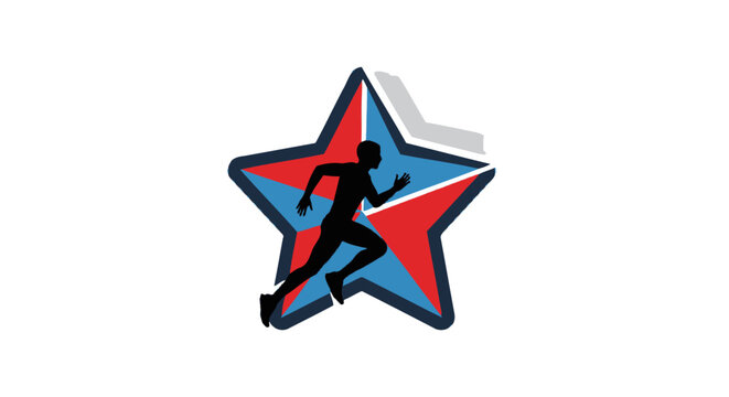A silhouette of a person running against a red and blue star background.