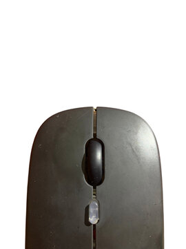 Close-up of a black ergonomic computer mouse with visible wear and tear on the surface, including scratches and minor dents, set against a clean white background