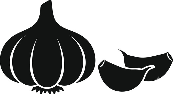 Black and white silhouette icon of whole garlic bulb and separated cloves for culinary design