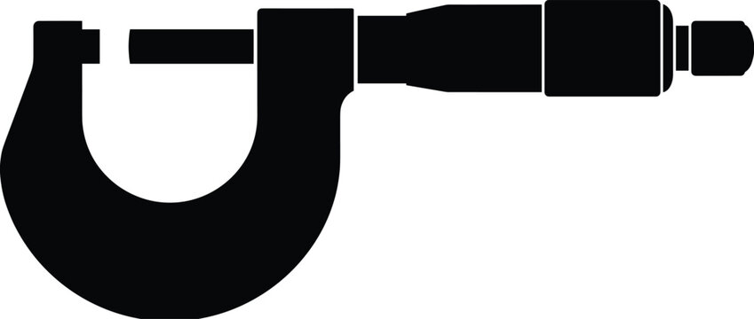 Black and white silhouette icon of a micrometer screw gauge for precision engineering measurement